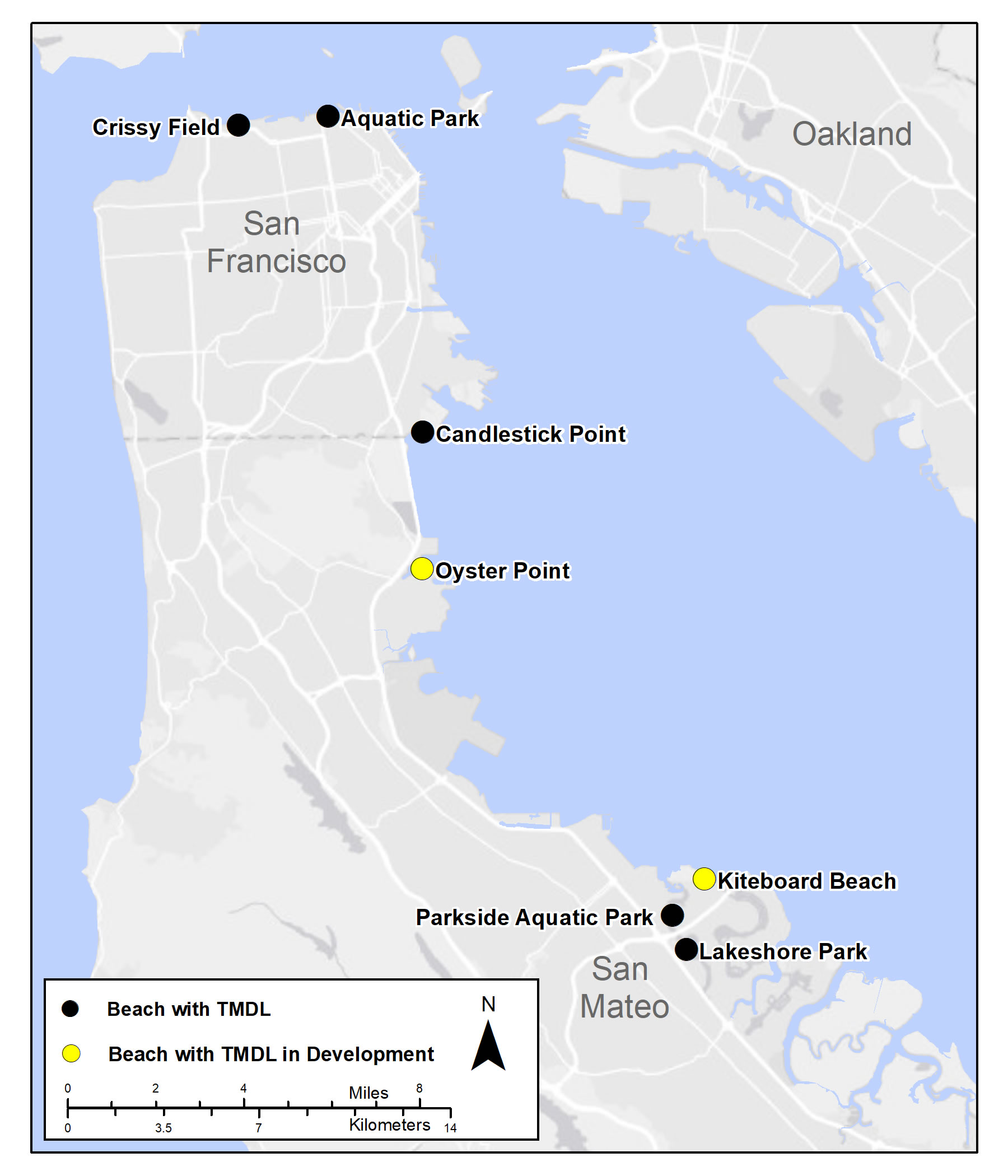 map of San Francisco Bay showing beaches covered by the SF Bay beaches TMDL